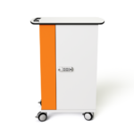 A mobile charging cart for 15 iPads in Kids Case style protective cases for young children.