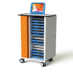 A mobile charging cart for iPads in Kids Case style protective cases for young children.