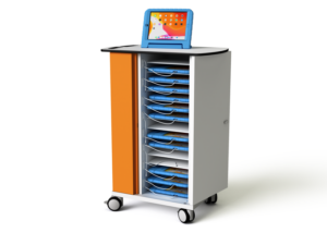 A mobile charging cart for iPads in Kids Case style protective cases for young children.