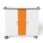 A mobile charging cart for iPads protected by Kids Case style protective cases. The charging trolley is secured with key locks.