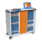 A mobile charging trolley for 32 iPads in Kids Case style protective cases for young children.
