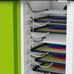 Pencil and iPad charging trolley for storing and charging 16 or 32 iPads and pencils or stylus together in their cases - close up detail of shelves and cable ports