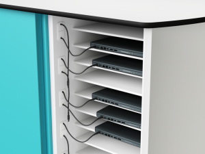 Laptop Network USB-C charging trolley with a single USB-C power and data cable to each laptop