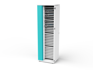 Laptop tall charging station cabinet for 32 laptops with door open showing shelves