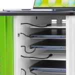 Close up of MacBook Neo laptop charging trolley showing USB-C cable management and charging status and device presence LEDs