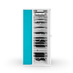Wall mount USB-C charging cabinet for storing and charging 10 iPad Mini tablets with iPad presence and charge status LEDs