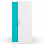 Wall mount USB-C charging cabinet for storing and charging 10 iPad Mini tablets with key lock and door closed