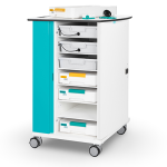 LEGO Science and LEGO Computer Science & AI charging trolley for 4 kits and USB-C charging of 16 motors, sensors and controllers with booklet storage. 1 LEGO Science set on top of the trolley.