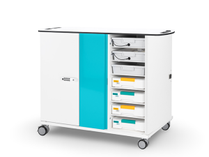 LEGO Science and LEGO Computer Science & AI charging trolley for 8 kits and USB-C charging of 32 motors, sensors and controllers. Doors locked with digital code locks.