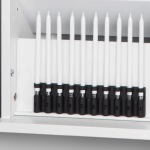 A wall mount charging cabinet for iPads with USB-C charging and storage for 10 or 20 Apple Lightning pencils
