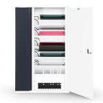 A wall mount USB-C charging cabinet for 10 iPads with charging and storage for 10 Apple pencils with Lightning connectors