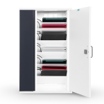 iPad charging in a slimline wall cabinet with storage and cable management for Apple AC chargers