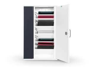 iPad charging in a slimline wall cabinet with storage and cable management for Apple AC chargers
