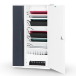 A wall mount USB-C charging cabinet for 10 iPads with charging for 10 Apple first generation pencils with Lightning connectors