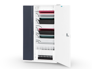 A wall mount USB-C charging cabinet for 10 iPads with USB-C charging and storage for 10 Logitech Crayons